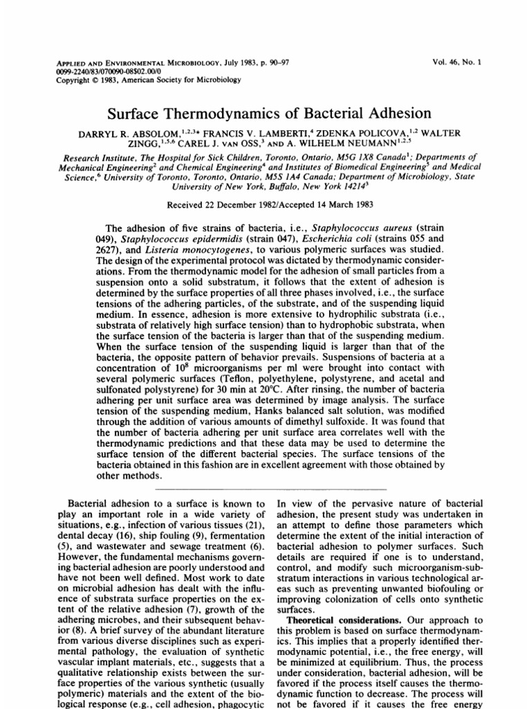 Surface Thermodynamics of Bacterial Adhesion | PDF | Surface Tension ...