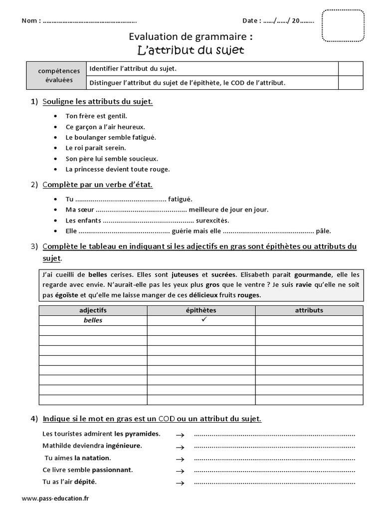 Exercices Groupe Sujet Cm2 Imprimer Attribut Du Sujet Cm2 Bilan Avec Le Corrigé | Syntaxe | Grammaire