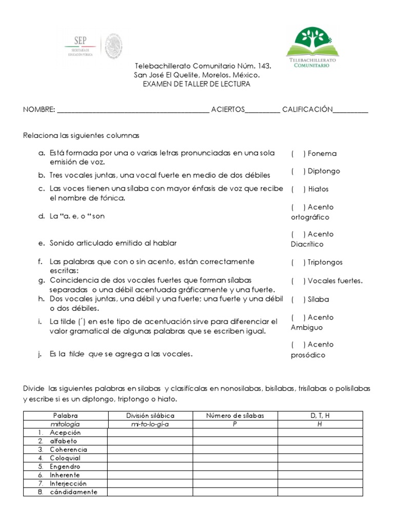 Examen De Taller 1 Bloque 4 5 6 Vocal Silaba