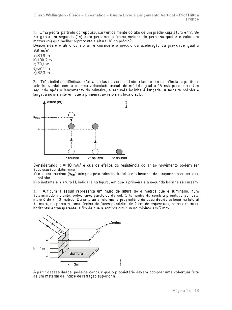 Exercícios De Queda Livre E Lançamento Vertical