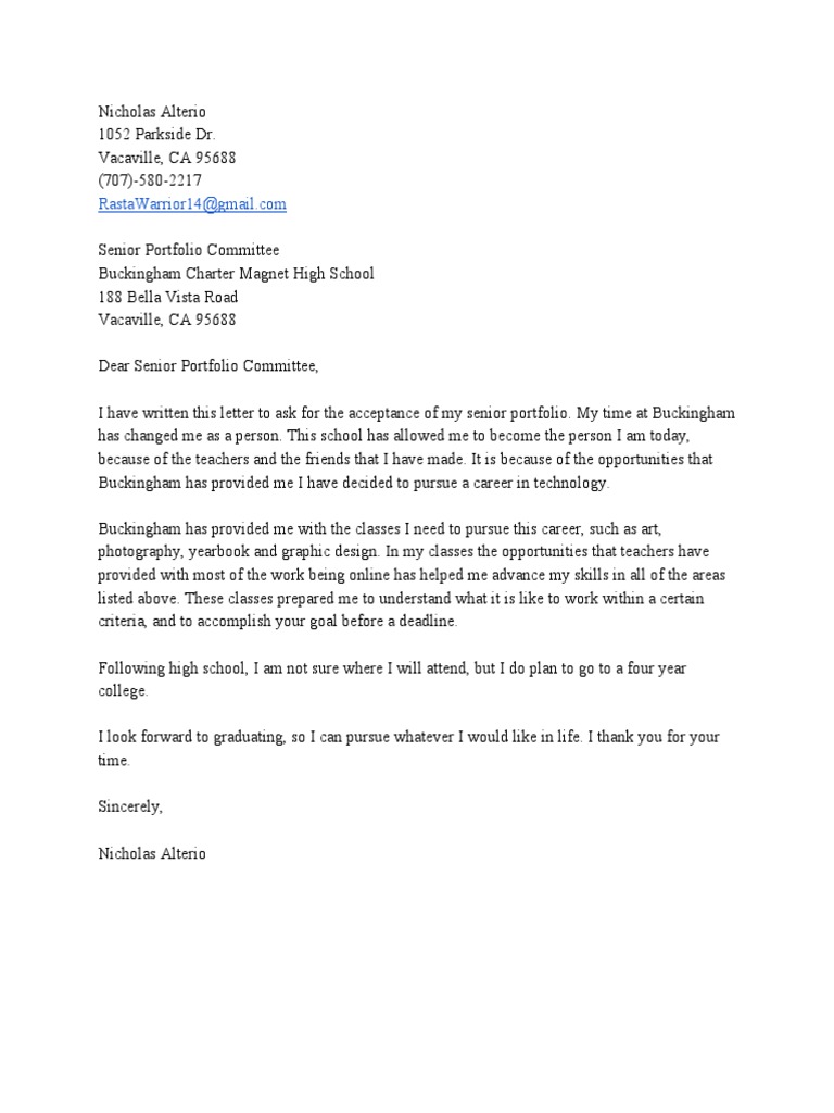 Senior Portfolio Cover Letter