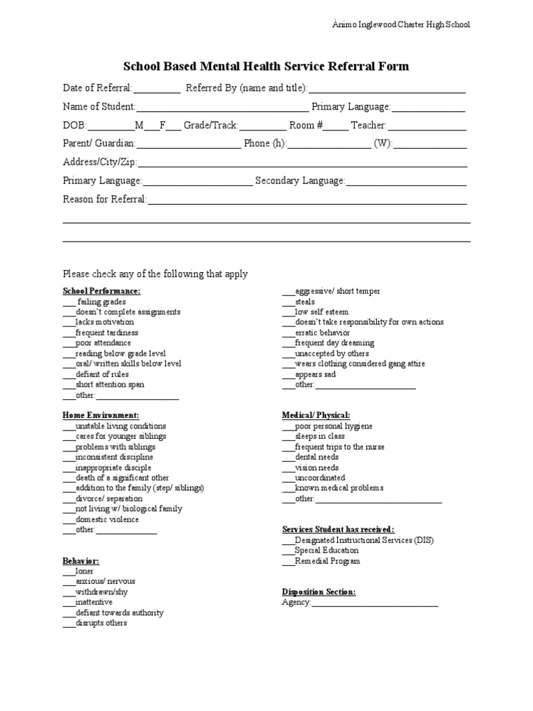 Mental Health Referral Form Template | PDF | Behavior Modification ...