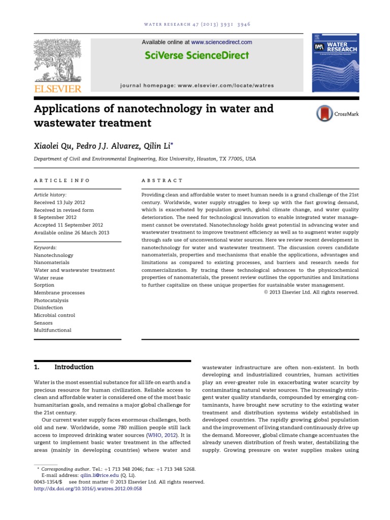 Nanotechnology in Water Treatment Advances | PDF | Adsorption ...