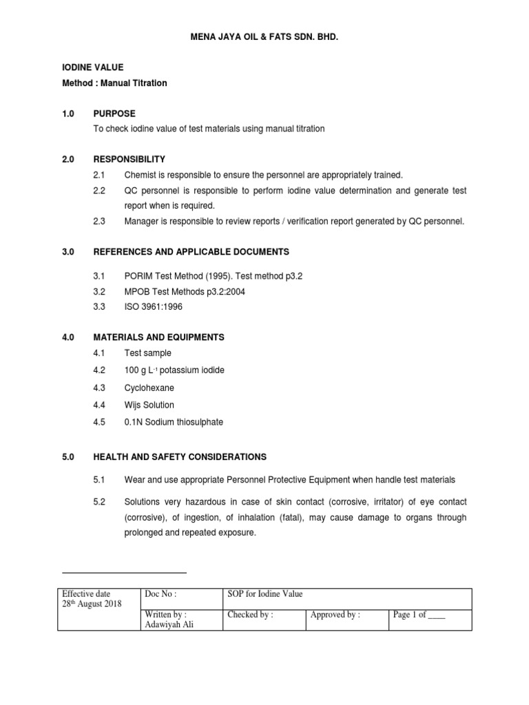 Iodine Value Determination Porim Test Method PDF Iodine Titration