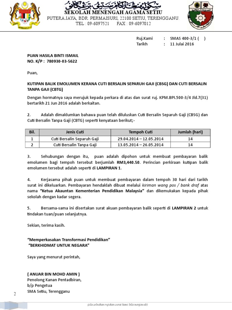 Contoh Surat Bayaran Elektrik Sekolah