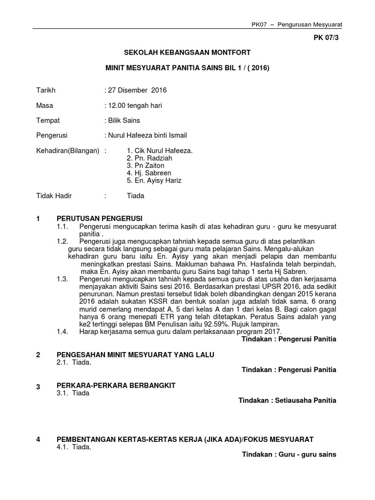 Minit Mesyuarat Panitia Sains Terbaru 2018 Docx