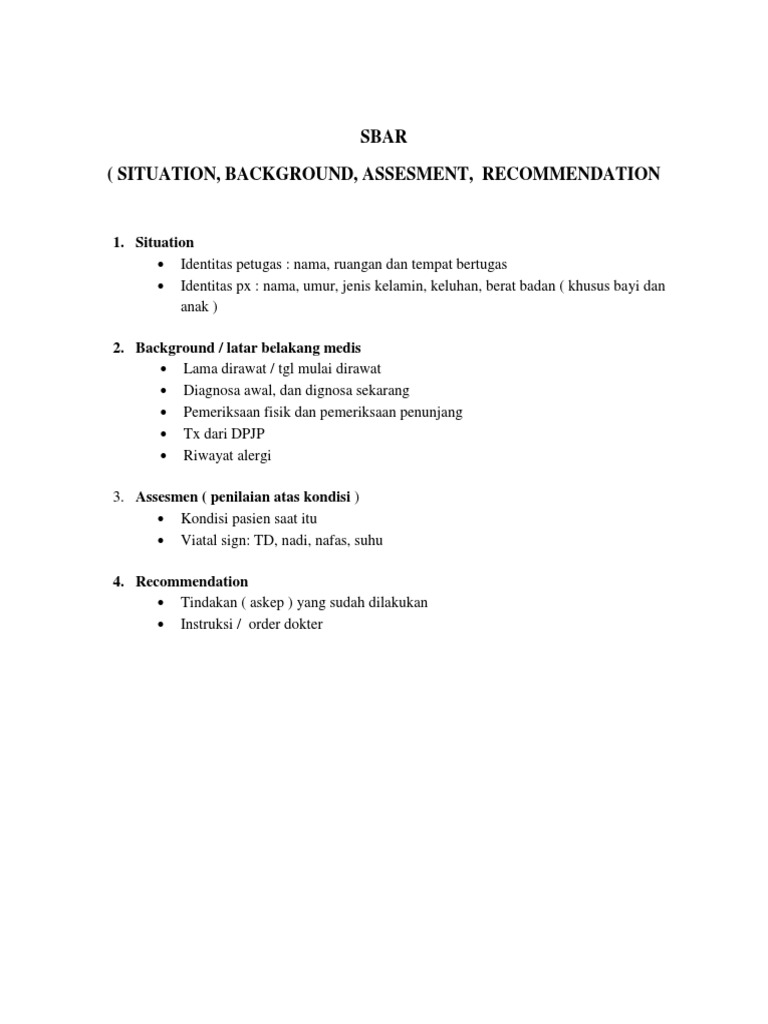 Sbar (Situation, Background, Assesment, Recommendation | PDF