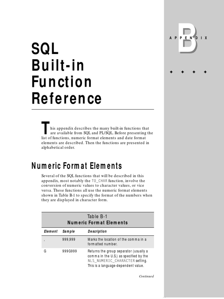 SQL Built-In Function Reference: Numeric Format Elements | PDF ...