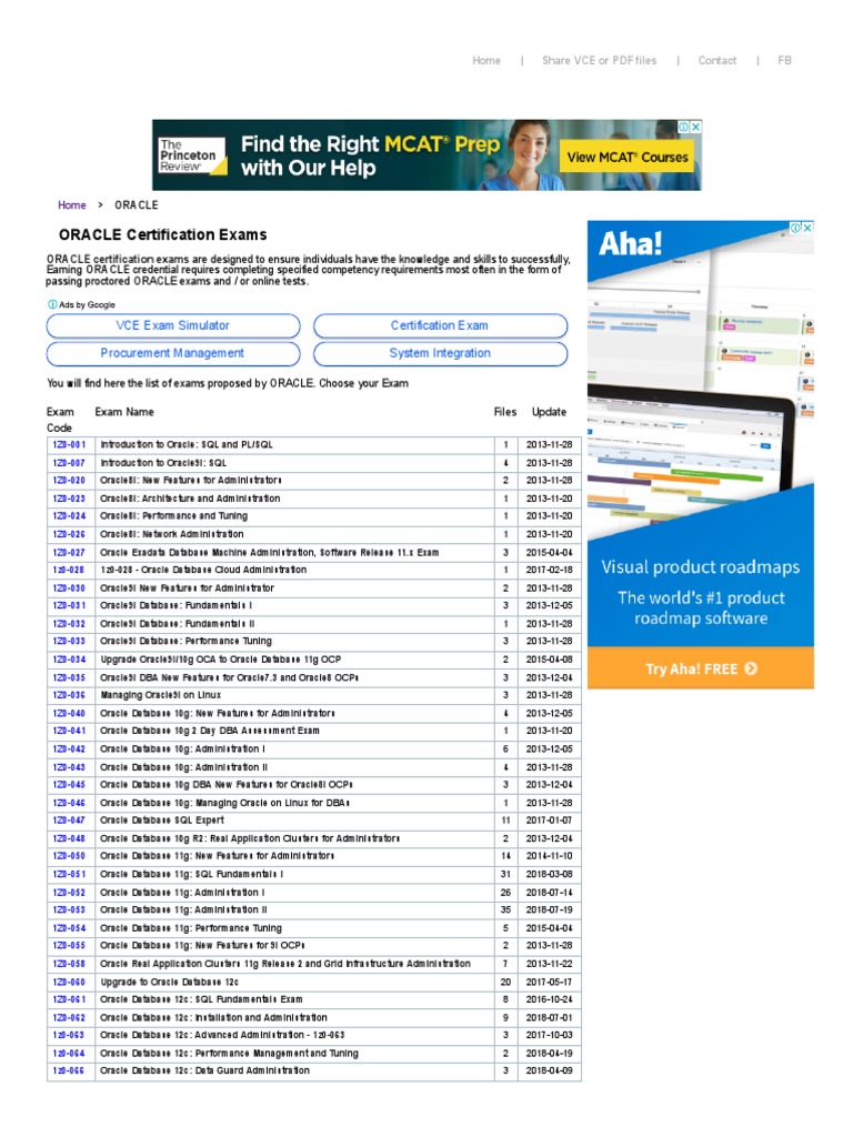 Oracle List of Exams | PDF