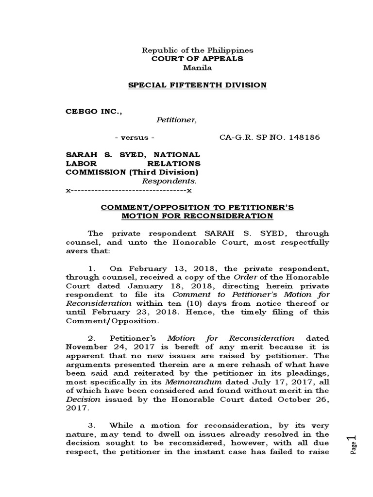 Comment on Motion for Reconsideration Syed (Cebgo) Burden Of Proof