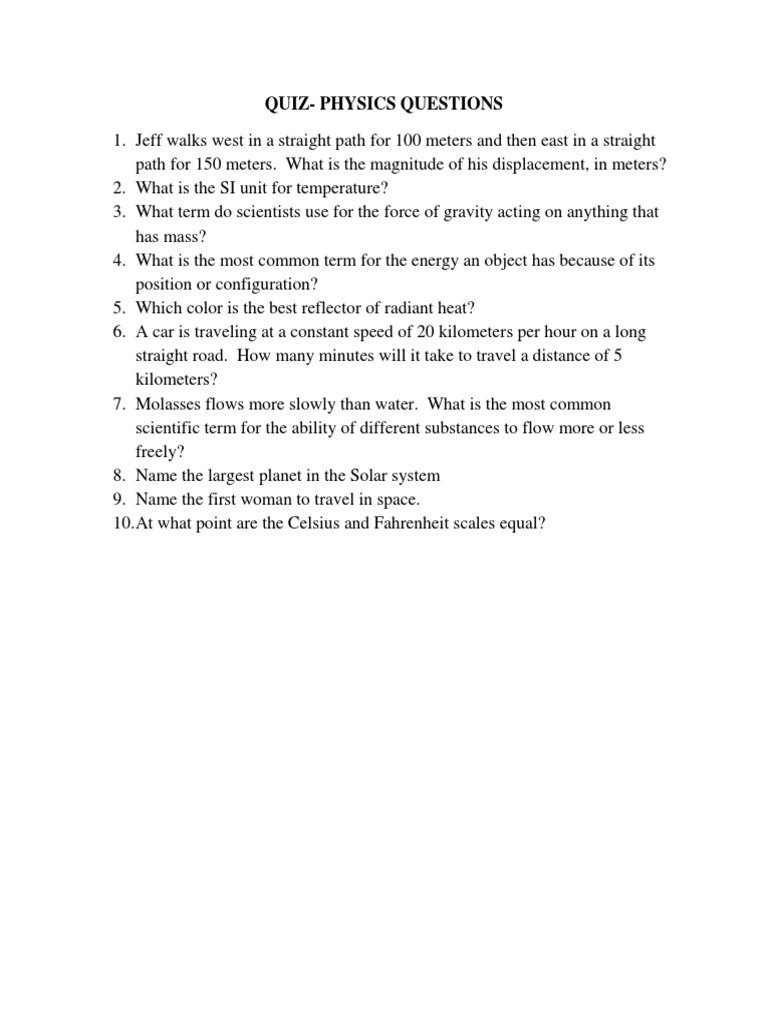 Physics Quiz Questions and Answers | PDF | Science & Mathematics