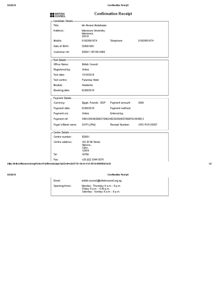 IELTS Payment Confirmation Receipt | PDF | Payments | Receipt
