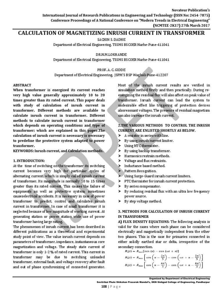 Inrush Current Calculation | PDF | Transformer | Electric Current
