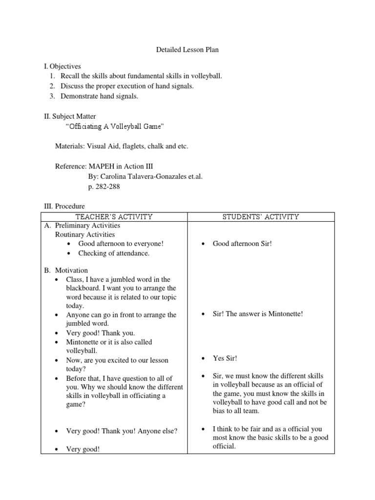 Detailed Lesson Plan Pdf Volleyball Ball Games