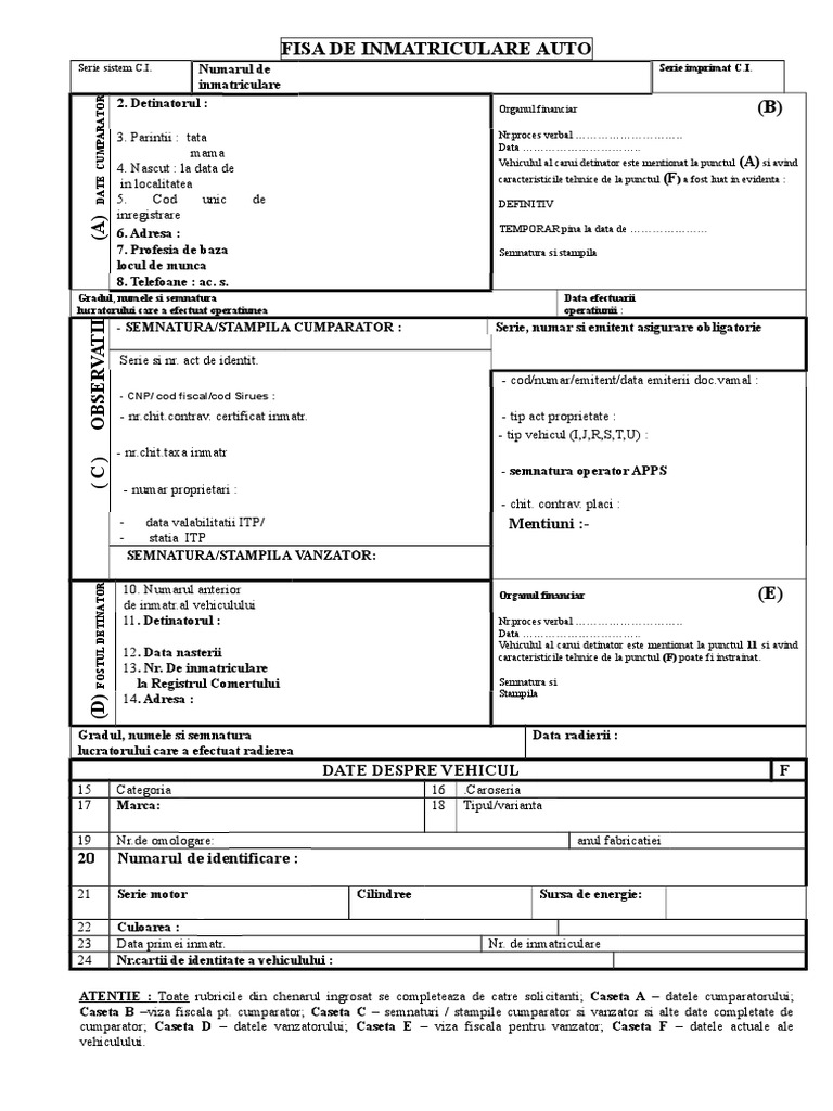 Fisa Inmatriculare Blank