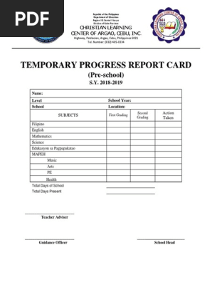 Temporary Progress Report Card - Preschool
