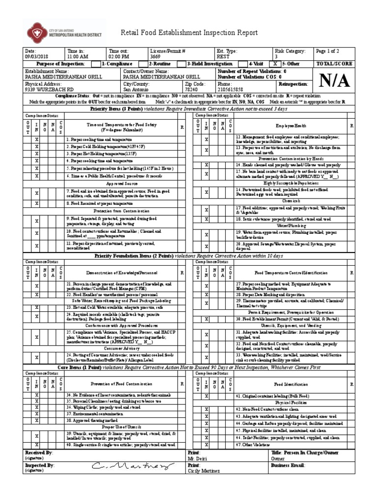 Restaurant Health Inspection Report | PDF | Dishwasher | Foods