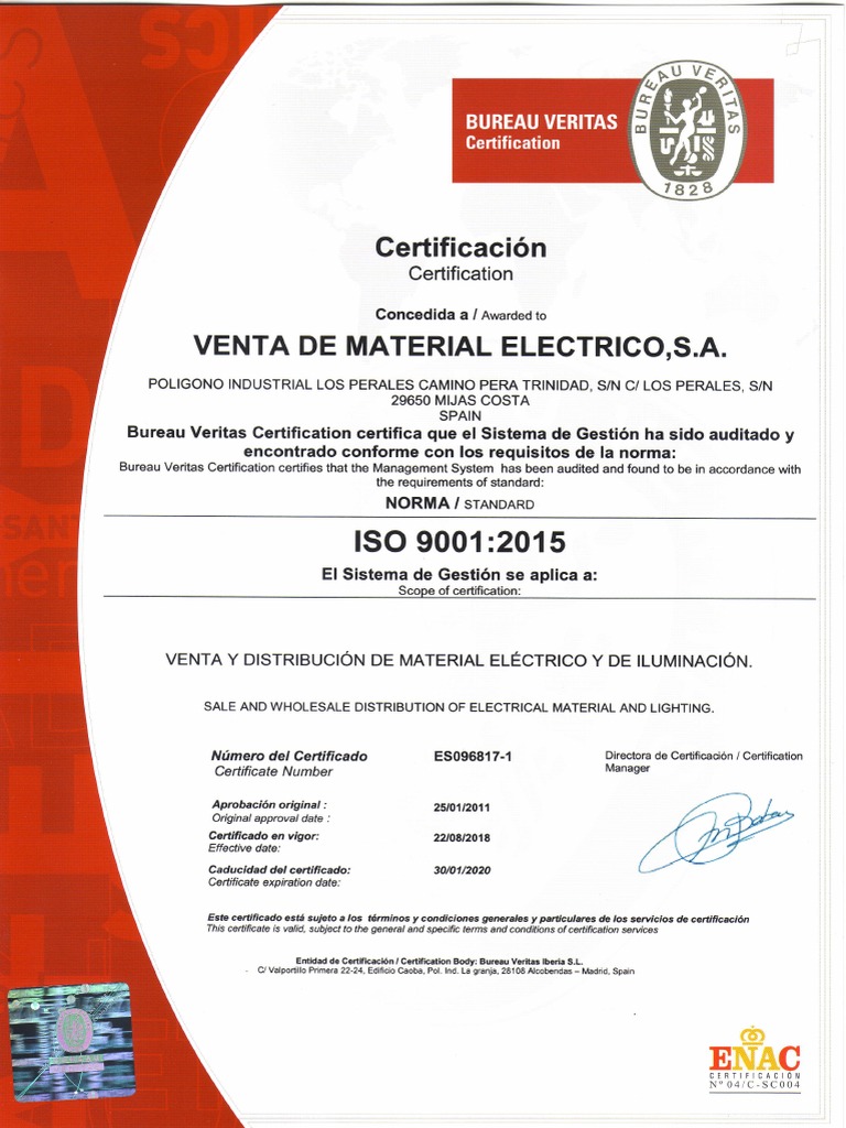 Certificado de Calidad Iso 9001 Bureau Veritas Número Es0968171 PDF