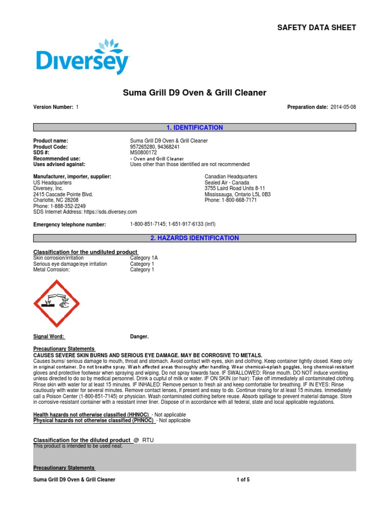 Suma Grill D9 Oven & Grill Cleaner Safety Data Sheet PDF Resource