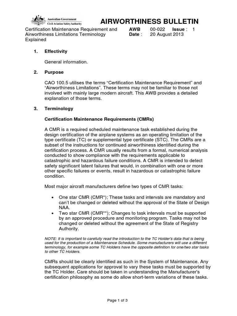 Certification Maintenance Requirements and Airworthiness Limitations