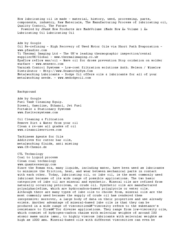 How Lubricating Oil Is Made Material, History, Used, Processing
