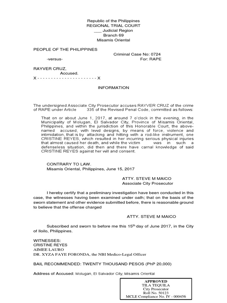 Rayver Cruz Charged with Rape of Cristine Reyes | PDF | Prosecutor | Rape