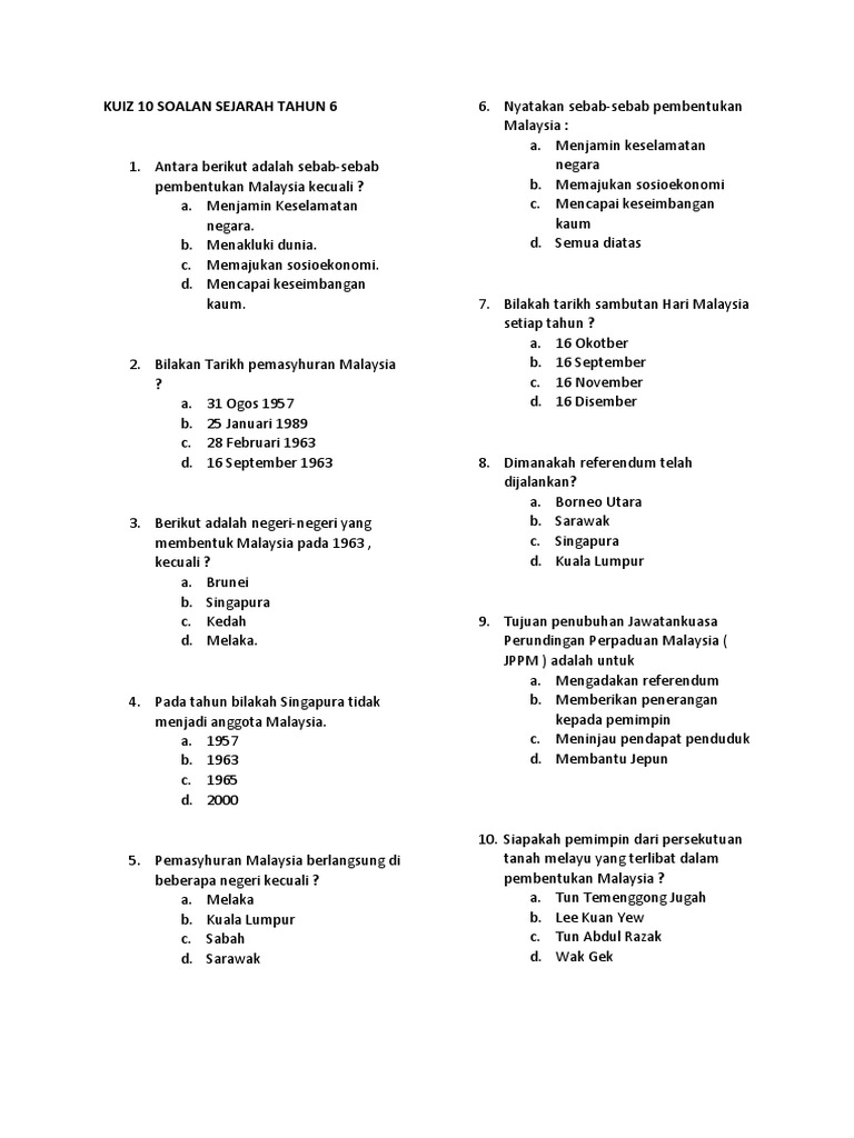 Kuiz 10 Soalan Sejarah Tahun 6 Pdf