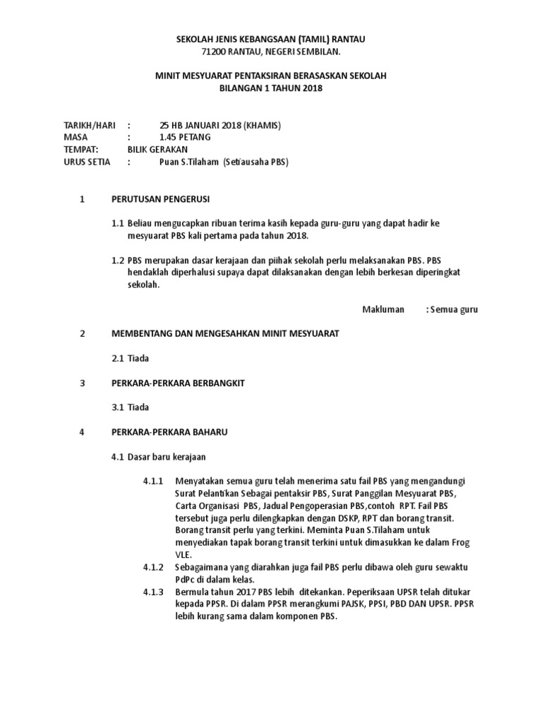 Sktr Minit Mesyuarat Pbs Kali 1 2018 Pdf