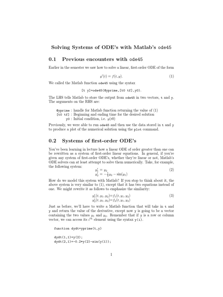 Solving Systems of First-Order ODEs with MATLAB's ode45 Function | PDF ...