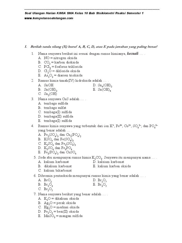 Soal Ulangan Kimia Kelas 10 Bab Stoikiometri Reaksi Semester 1