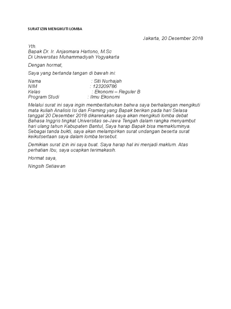 Download 67+ Contoh Surat Izin Sekolah Untuk Mengikuti Lomba Terbaik Gratis