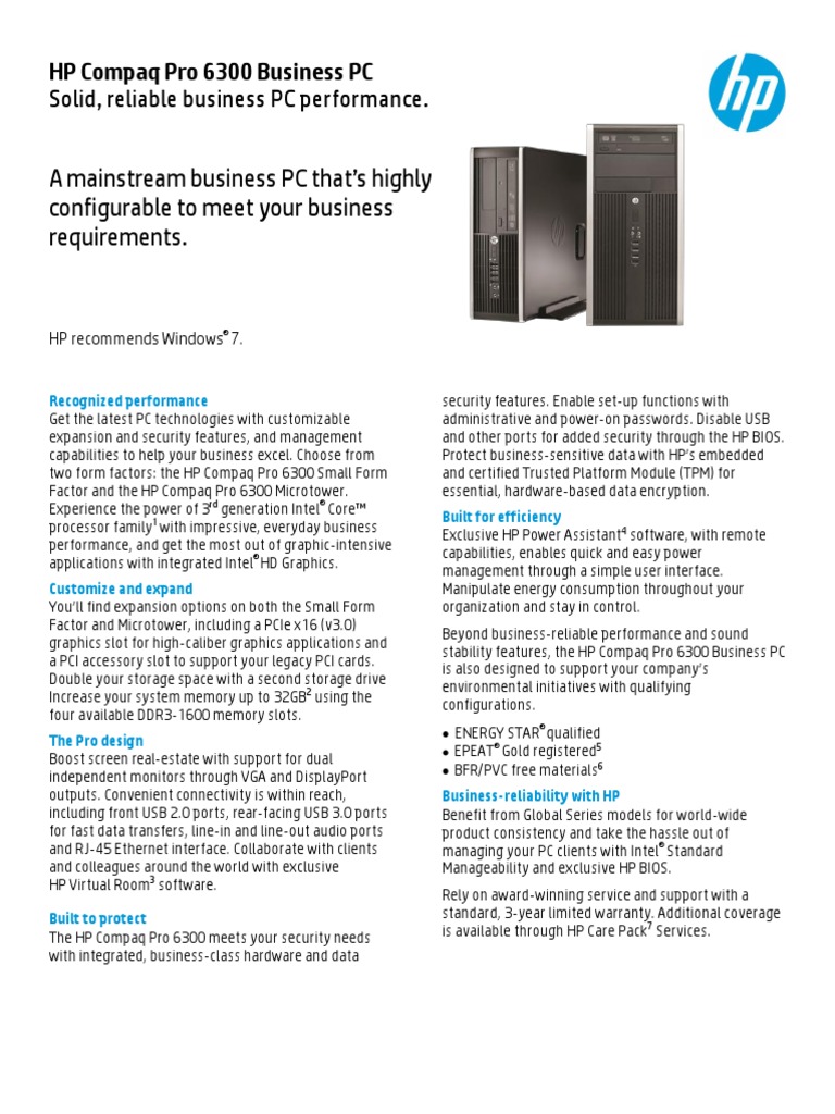 HP Pro 6300 Desktop - Datasheet | PDF | 64 Bit Computing | Personal ...