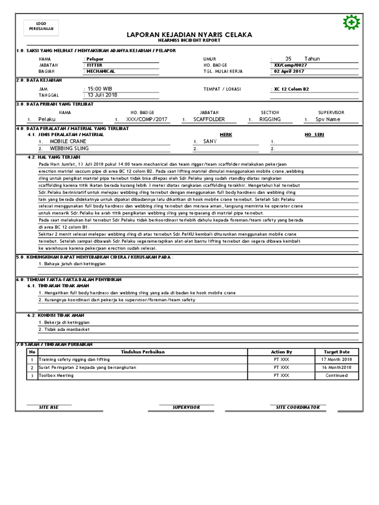 Contoh Laporan Near Miss