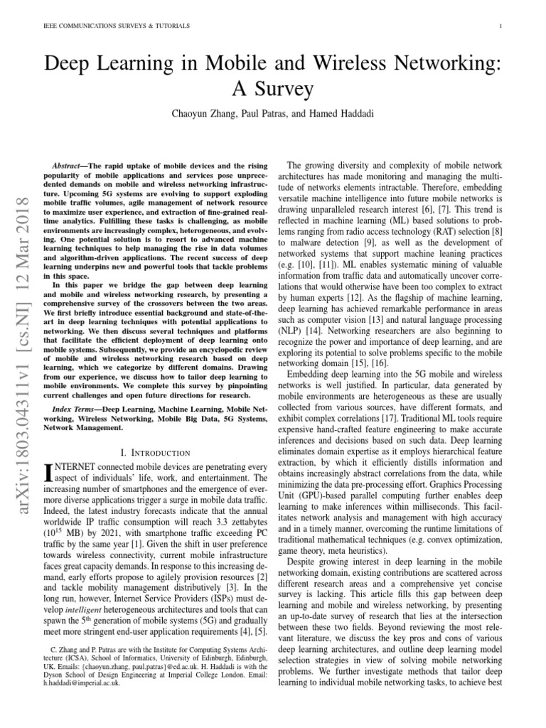 Deep Learning in Mobile and Wireless Networking A Survey PDF PDF Deep Learning Artificial