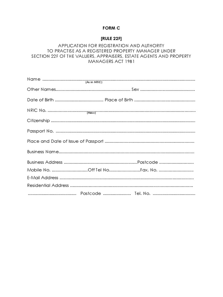 Form C (RULE 22F) (As in NRIC) PDF Real Estate Appraisal Civil Law Law)