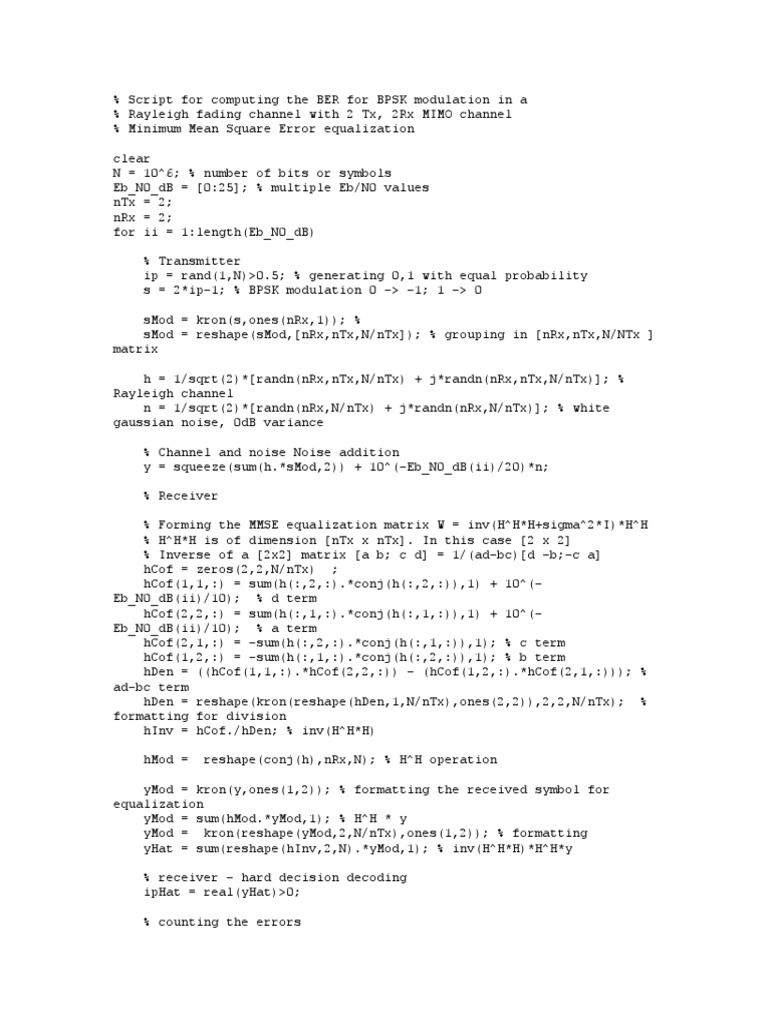 Scriptforcomputingtheberforbpskmodulationina Statistical Theory Electrical Engineering