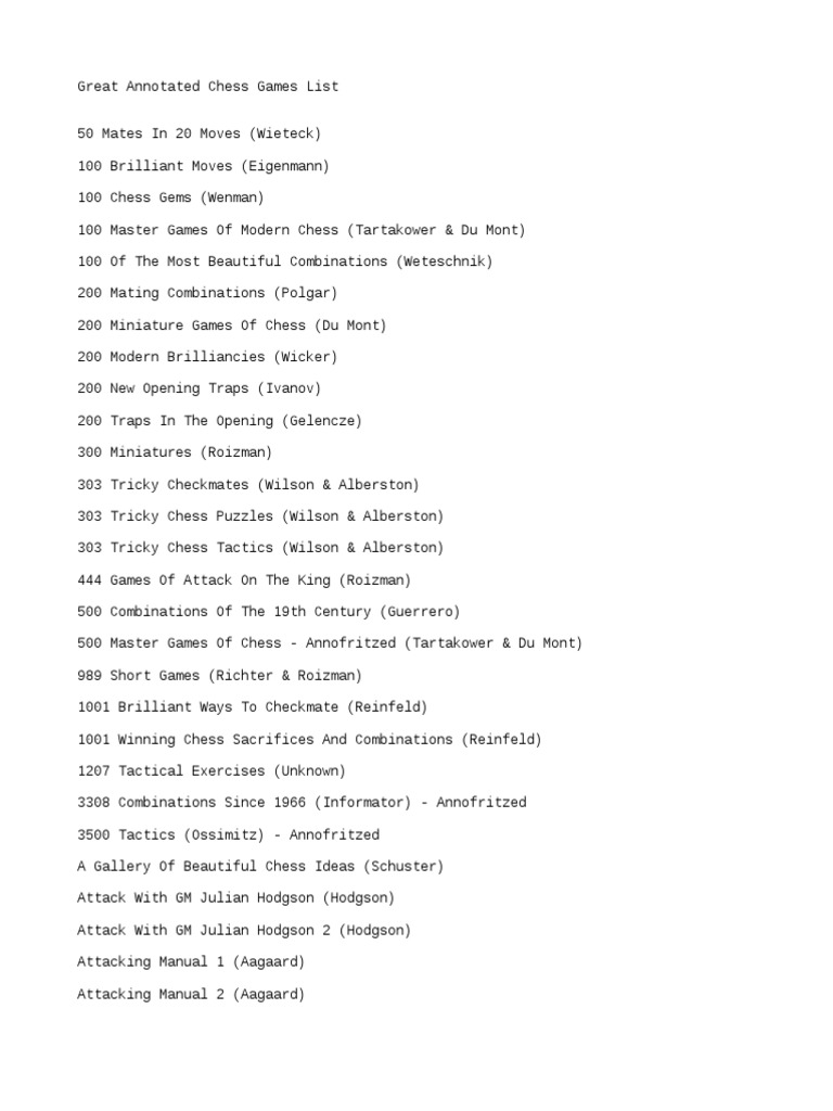 Great Annotated Chess Games List PDF Chess Traditional Board Games