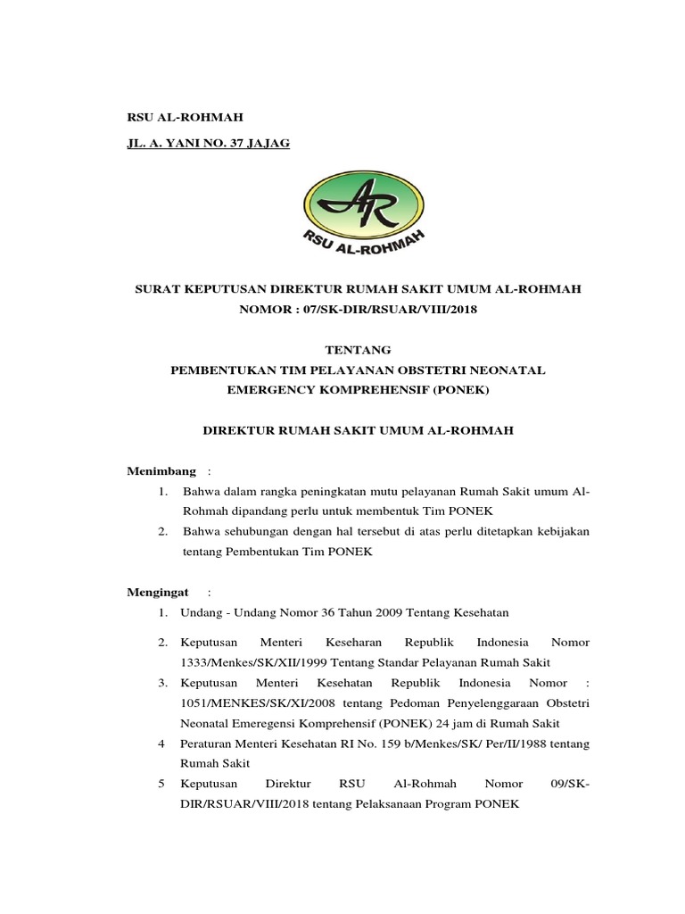 Pembentukan Tim PONEK RSU Al-Rohmah | PDF