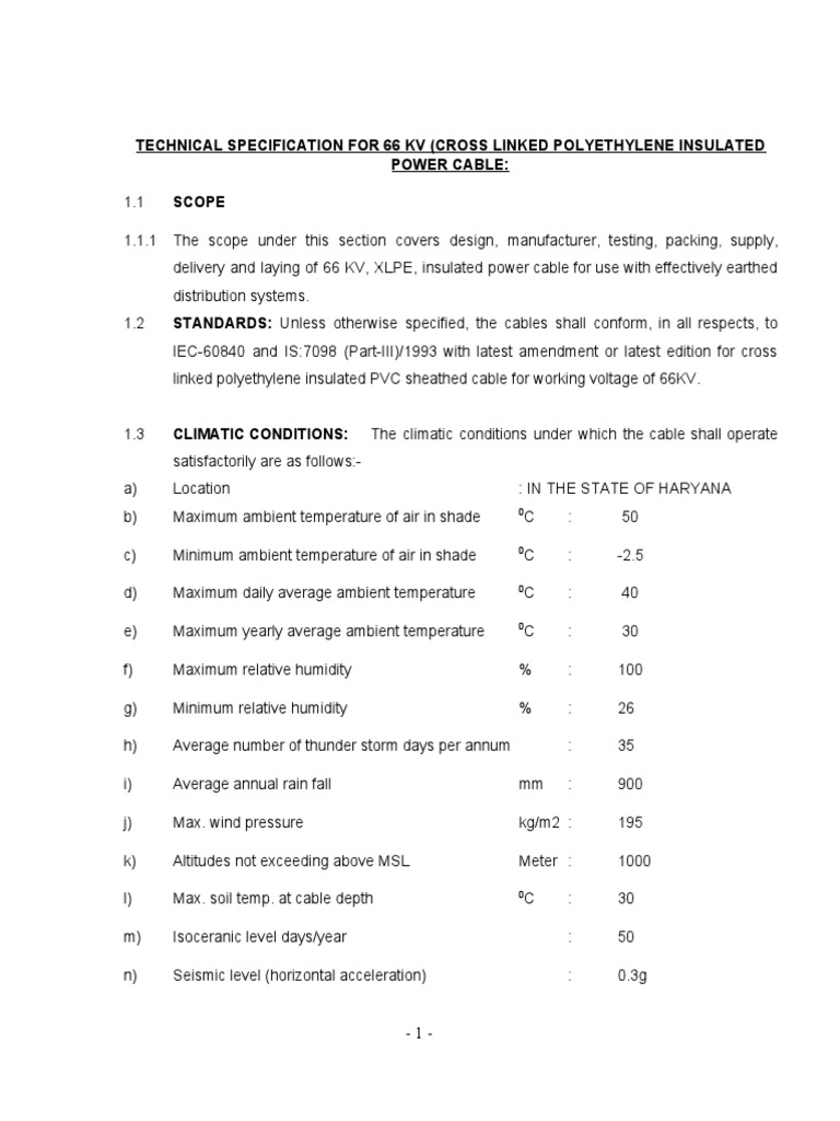 66 kV XLPE Power Cable Specifications | PDF | Insulator (Electricity ...