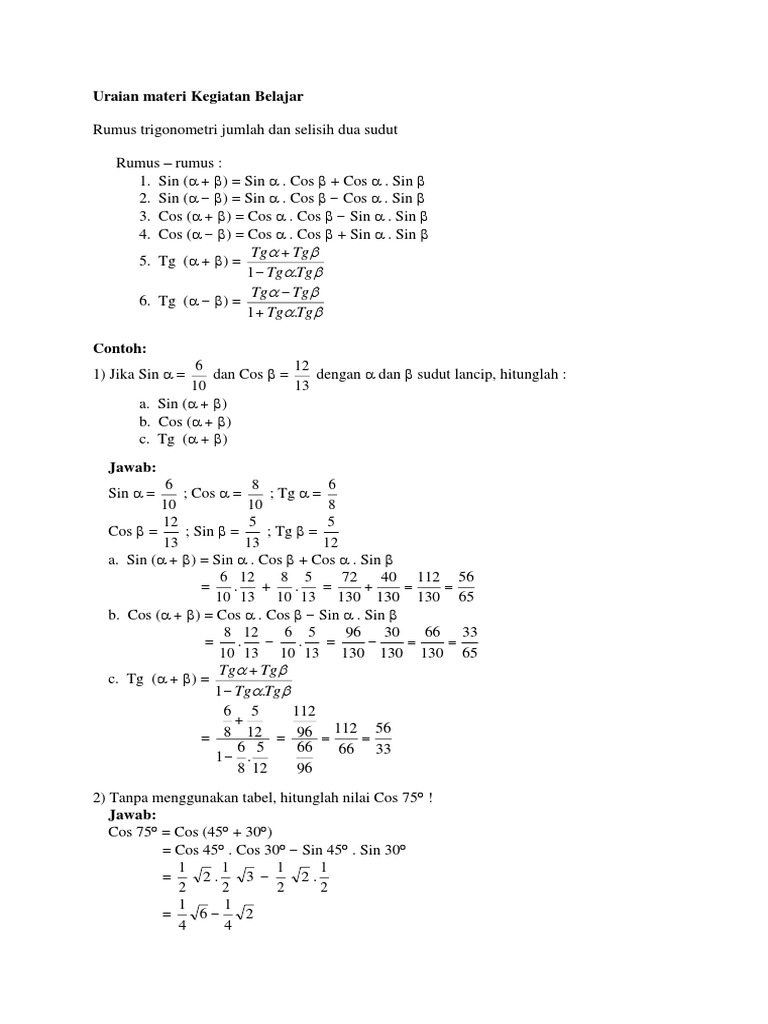 Rumus Trigonometri Jumlah Dan Selisih Dua Sudut