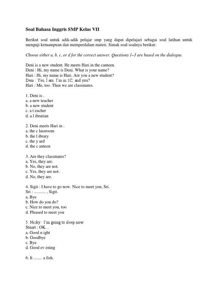 Soal Latihan Bahasa Inggris SMP Kelas VII | PDF | Language Arts ...