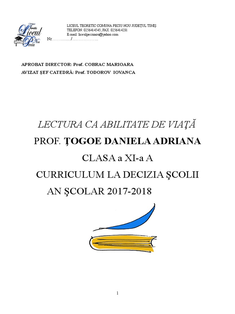 OpÅ£ional Lectura Ca Abilitate De ViaÅ£Äƒ Clasa A Xi A