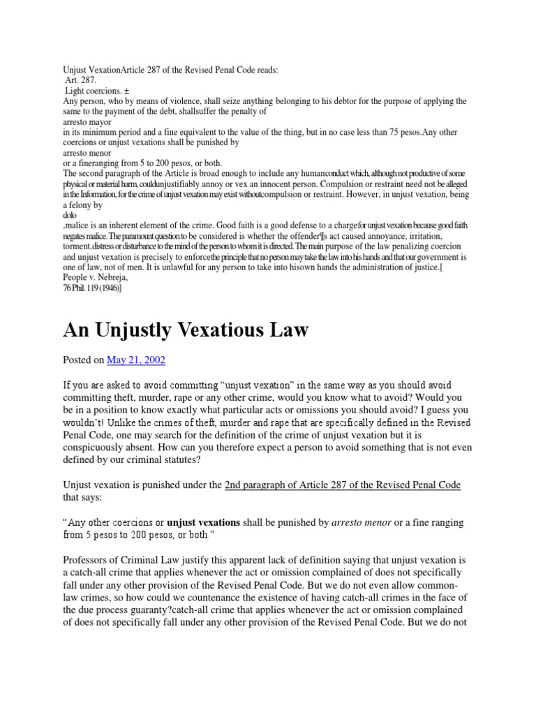 Unjust Vexation PDF Vagueness Doctrine Crime & Violence