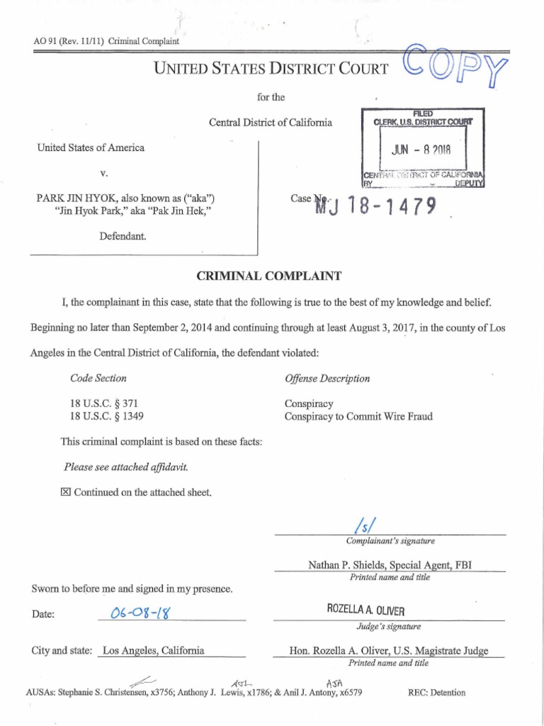 Read Park Jin Hyok Complaint | PDF | Phishing | Domain Name System