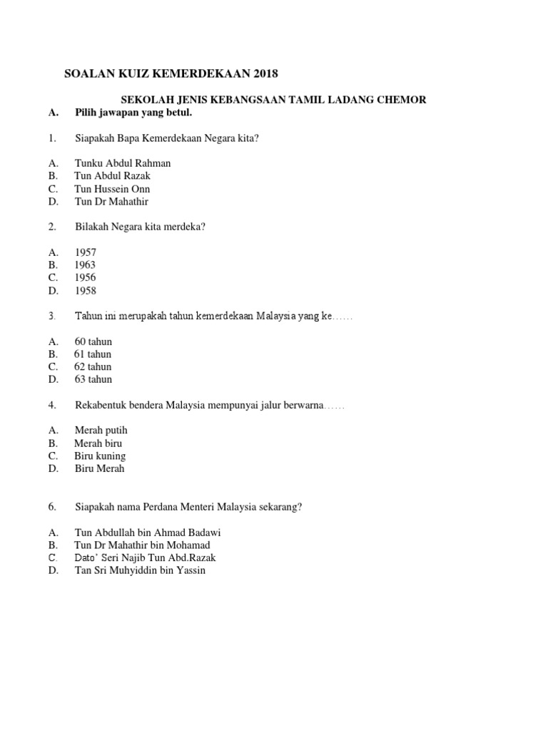 Soalan Kuiz Kemerdekaan 2018 PDF  PDF