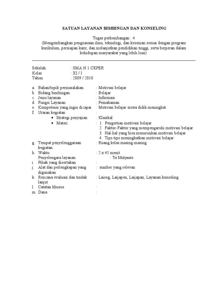 Satuan Layanan Bimbingan Dan Konseling Kelas Xi
