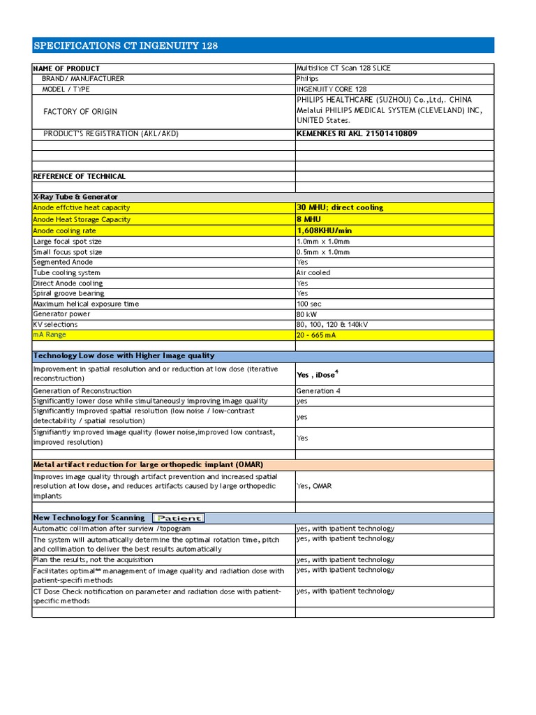 Specifications CT Philips Ingenuity 128 Slice.pdf | Ct Scan | Image ...
