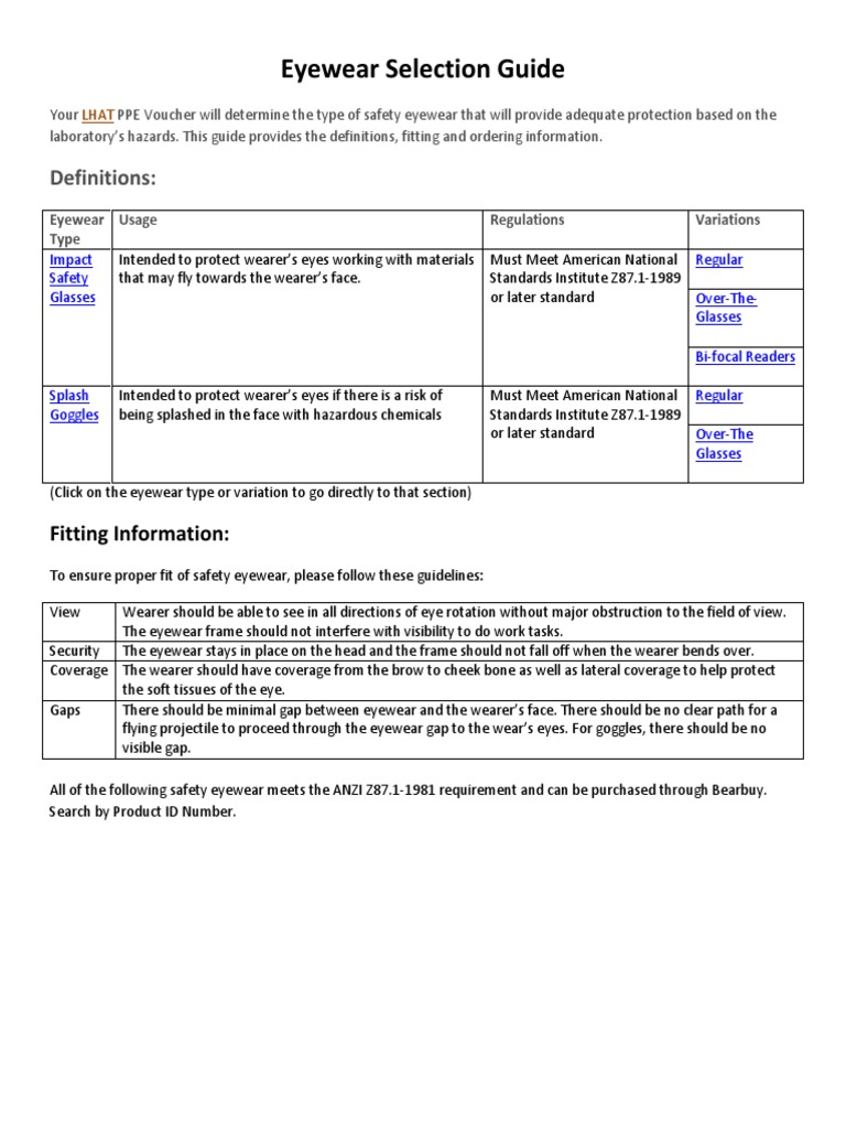 Safety Eyewear Selection Guide | PDF | Glasses | Personal Protective ...