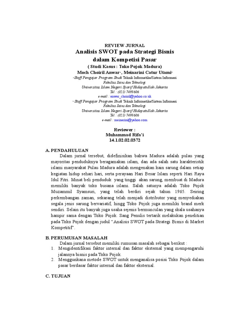Review Jurnal Analisis Swot Pada Strategi Bisnis Pdf