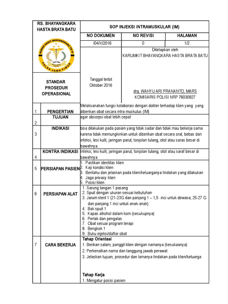 SOP Injeksi Intramuskular di RS Bhayangkara | PDF